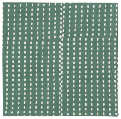 sage green napkin with white dash lines.