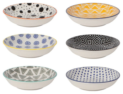 side view of 6 small dishes with assorted patterns.