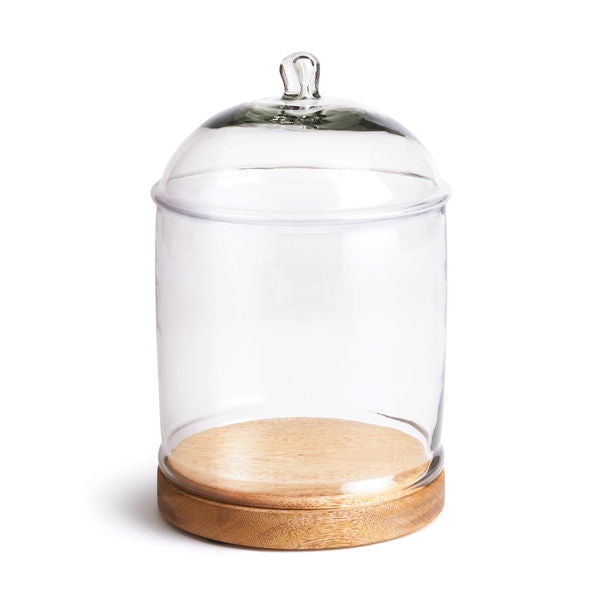 glass cloche with bubble ring around the top and a glass nob sitting on a wooden platform