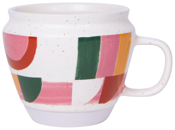 prism formation mug is white with colors of pink, green, red, and yellow