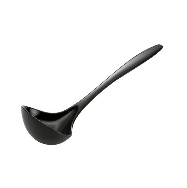 black melamine soup ladle on a white background