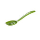 green mini melamine slotted spoon on a white background