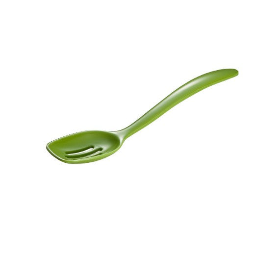 green mini melamine slotted spoon on a white background