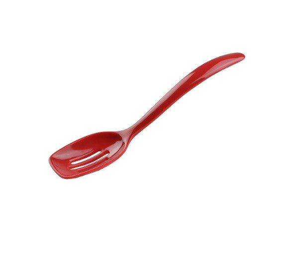 red  mini melamine slotted spoon on a white background