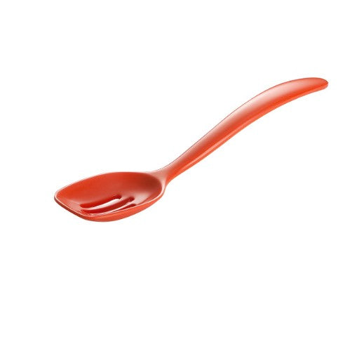 orange mini melamine slotted spoon on a white background