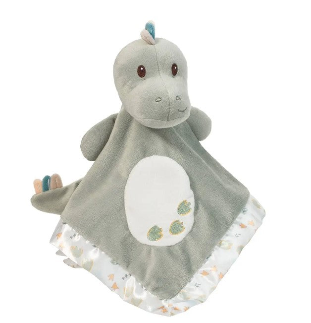 danny dino lil' snuggler is gray with white satin trim and displayed on a white background