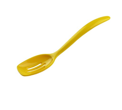 yellow mini melamine slotted spoon on a white background