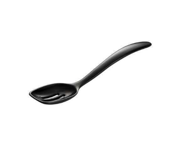 black mini melamine slotted spoon on a white background