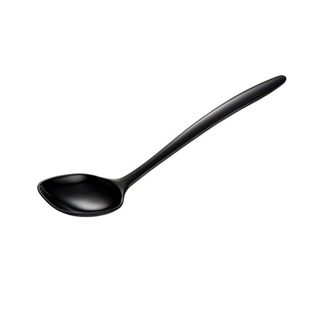 black melamine spoon on a white background