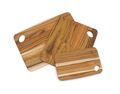 all three sizes of teak cutting boards displayed fanned out against a white background