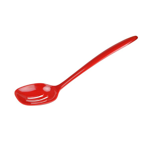 red melamine slotted spoon on a white background
