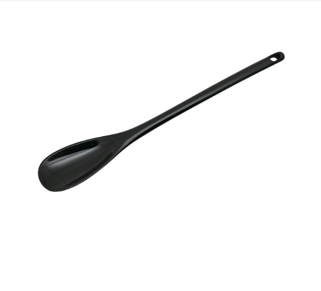 black melamine mixing spoon on a white background