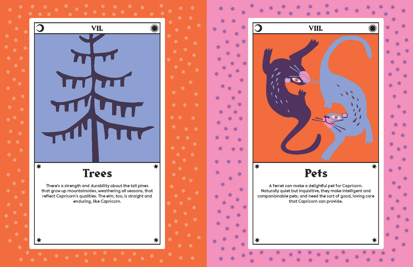 another two pages with bright colors and illustrations of trees, cats, and text in black 