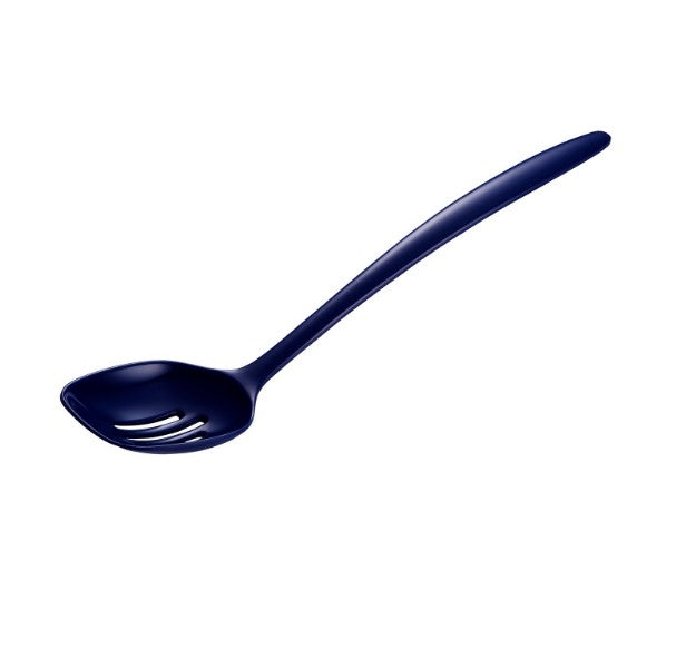 cobalt melamine slotted spoon on a white background