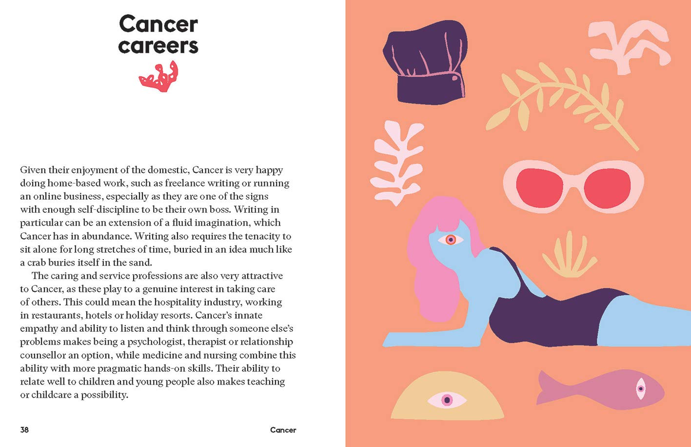two pages inside has one white with text, and the next is coral with illustration of a woman laying out in a swim suite, sunglasses, and fish