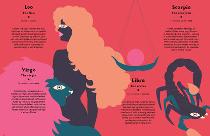 inside view of two pages are hot pink with illustrations of a woman, lion, scorpion, and black text