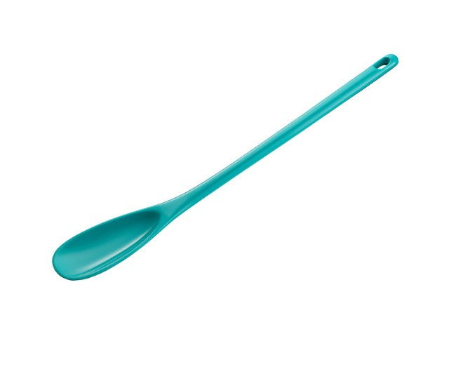 turquoise melamine mixing spoon on a white background