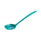 turquoise melamine slotted spoon on a white background