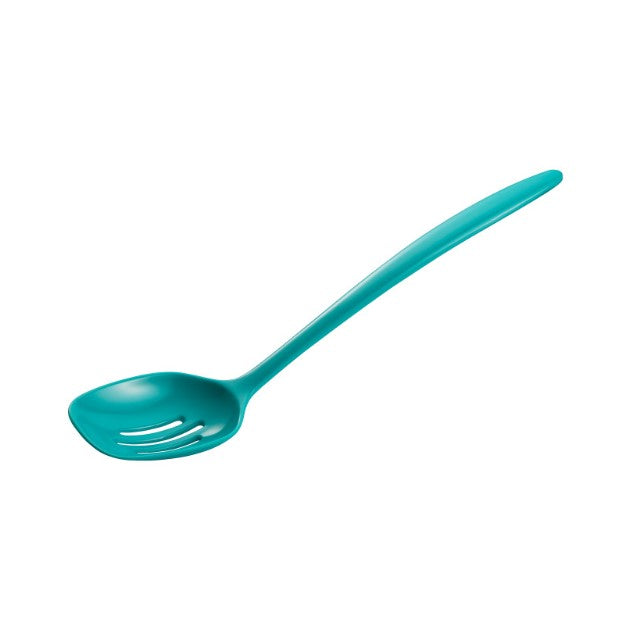 turquoise melamine slotted spoon on a white background