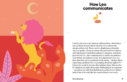 next set of pages has one with illustration of a lion, plants, and night sky in colors of orange, pinks, reds and purples, the other page is white with black text
