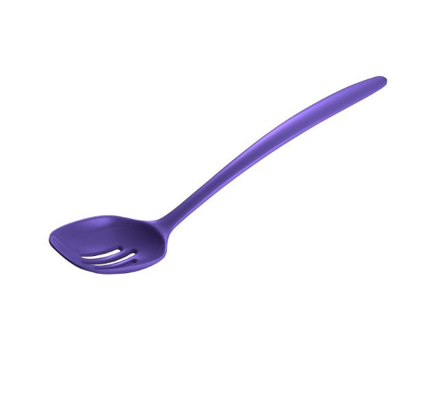 violet melamine slotted spoon on a white background