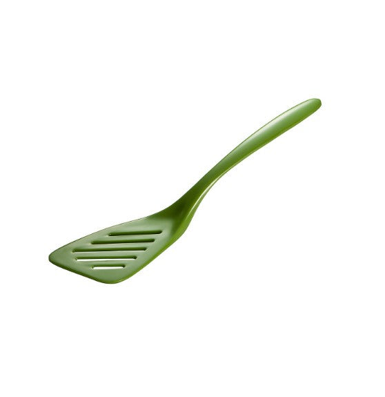 green mini melamine ladle on a white background