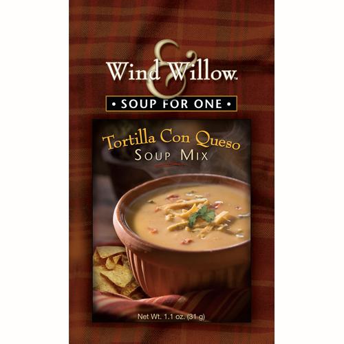 Packet of soup mix with picture of bowl of soup on packaging.
