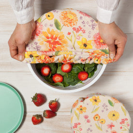 hands putting bowl cover on bowl filled with salad.