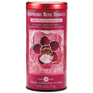 raspberry rose hibiscus herbal tea canister on a white background