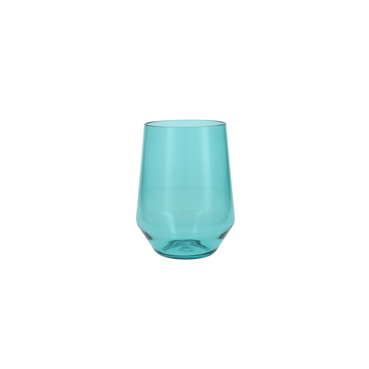 blue stemless wine glass on white background.