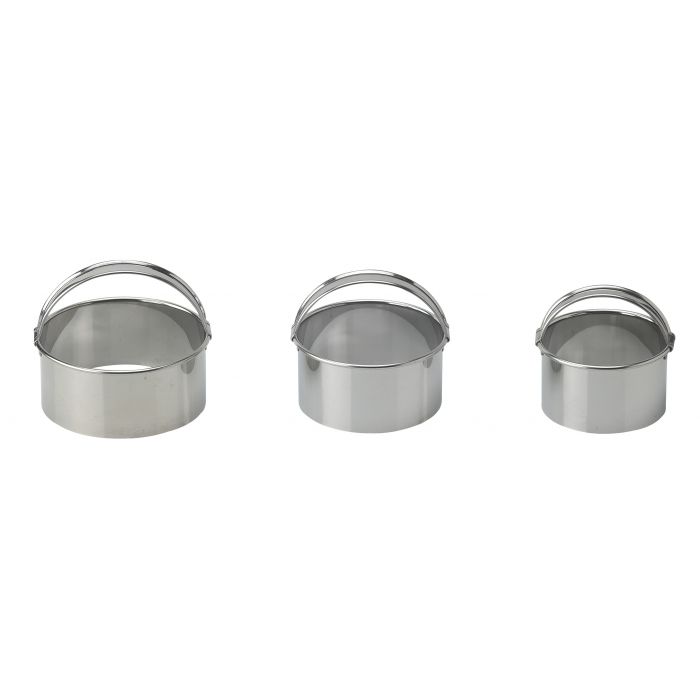 the set of three round cookie cutters on a white background