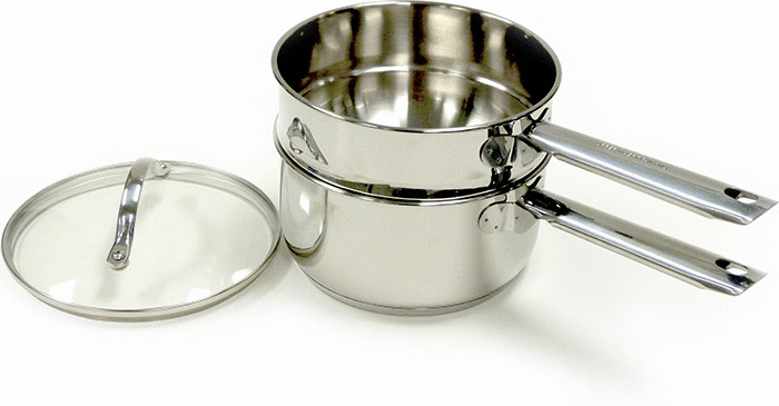Double Boiler with lid next to it on white background.