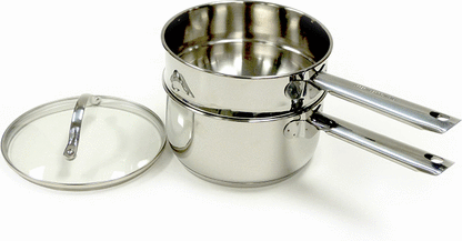 Double Boiler with lid next to it on white background.