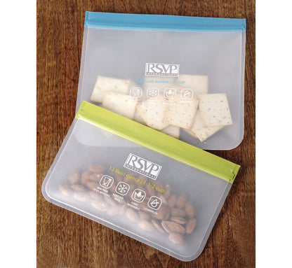 large storage bag with crackers inside and small storage bag with almonds inside.