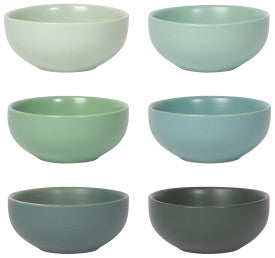 6 pinch bowls each a solid color: light green, mint green, green, blue, dark blue, and grey.