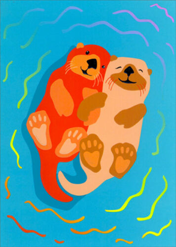 front of card is a drawing of two otters holding handing laying on their back in the water
