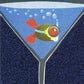 front of card is a drawing of a martini glass with an olive dressed in scuba gear