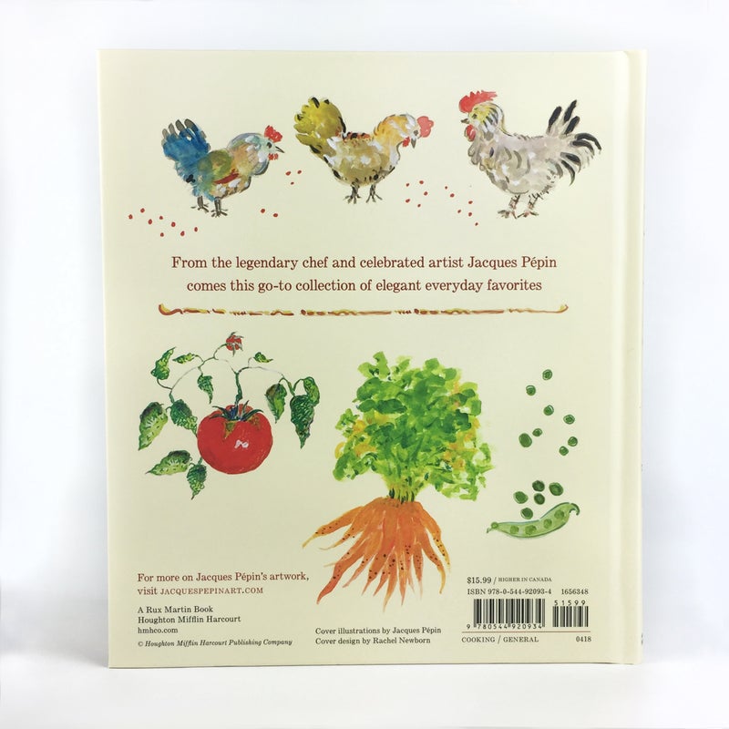 back of book with graphics of chickens, vegetables and text