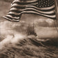 front of card is a photograph a ship a stormy sea with an american flag flying in the foreground