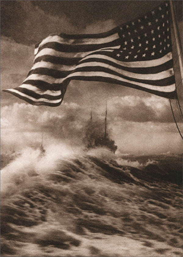 front of card is a photograph a ship a stormy sea with an american flag flying in the foreground