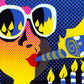 front of card has illustration of a woman wearing glasses and blowing out candles in pop art style