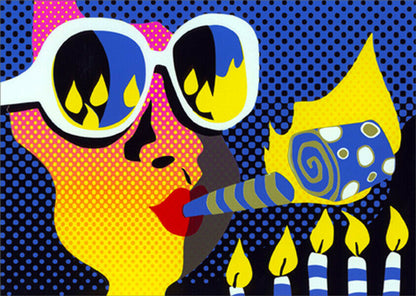 front of card has illustration of a woman wearing glasses and blowing out candles in pop art style