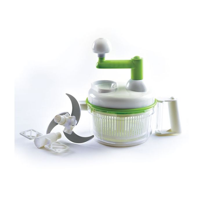 white and green processor with attachments.