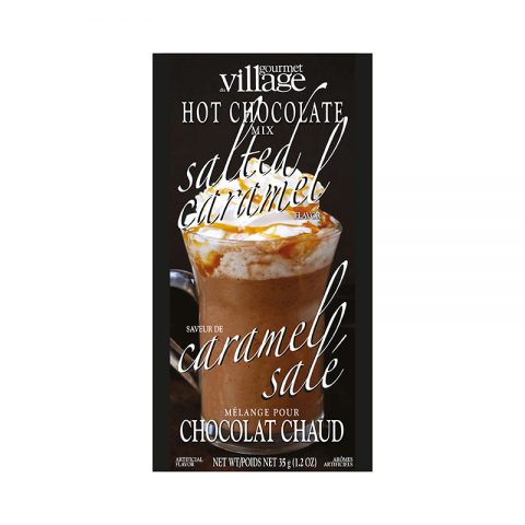 salted caramel double truffle hot chocolate package is black with picture of hot chocolate on the front and displayed against a white background