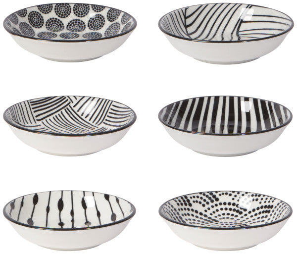 6 small bowls with black and white patterns.