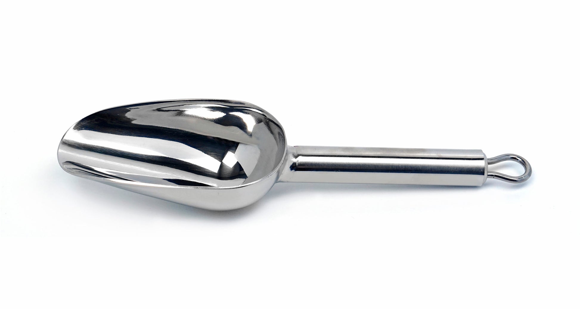 stainless steel scoop on white background.