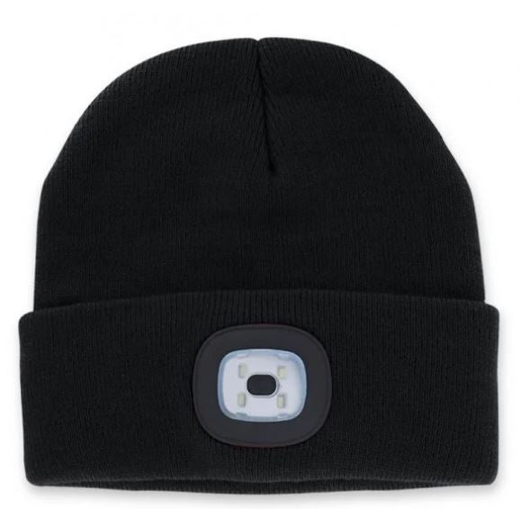 black Men's Rechargeable LED Beanie displayed against a white background