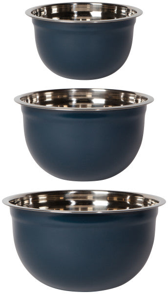 small, medium, and large stainless steel mixing bowls with navy exterior.
