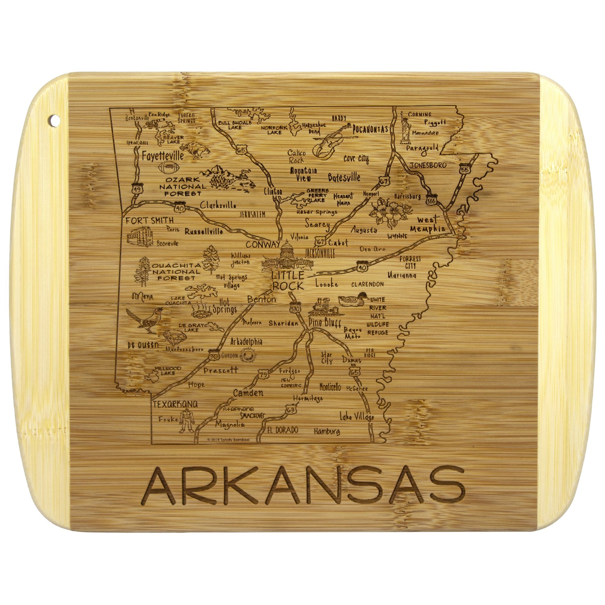 wood board laser cut with the shaped of Arkansas, cities, and the name "Arkansas" across the bottom.