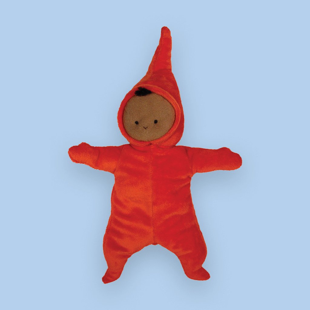 Front view of The Snowy Day Plush Doll on a light blue background